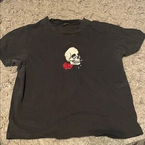 Brandy Melville Black Skull Tee with Red Rose